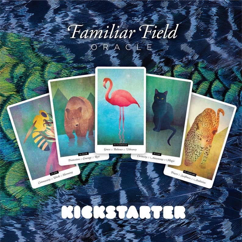 Puede incluir: Cinco cartas de or&aacute;culo con ilustraciones de animales y texto. Las cartas est&aacute;n dispuestas en semic&iacute;rculo sobre un fondo azul y verde. El texto en las cartas dice "Familiar Field Oracle", "The Bear", "The Flamingo", "The Cat", "The Leopard", "Protection Courage Rest", "Grace Balance Vibrancy", "Curiosity Autonomy Magic", "Power Strength Ambition", "Community Work Harmony".
