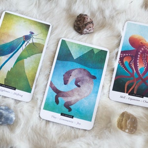 Puede incluir: Tres cartas de una baraja de cartas de or&aacute;culo animal. La primera carta presenta una lib&eacute;lula azul con el texto "Lib&eacute;lula: Ilusi&oacute;n - Ligereza - Cambio". La segunda carta presenta una nutria marr&oacute;n nadando con el texto "Nutria: Juego - Comunidad - Alegr&iacute;a". La tercera carta presenta un pulpo rojo con el texto "Pulpo: Habilidad - Expansi&oacute;n - Caos".