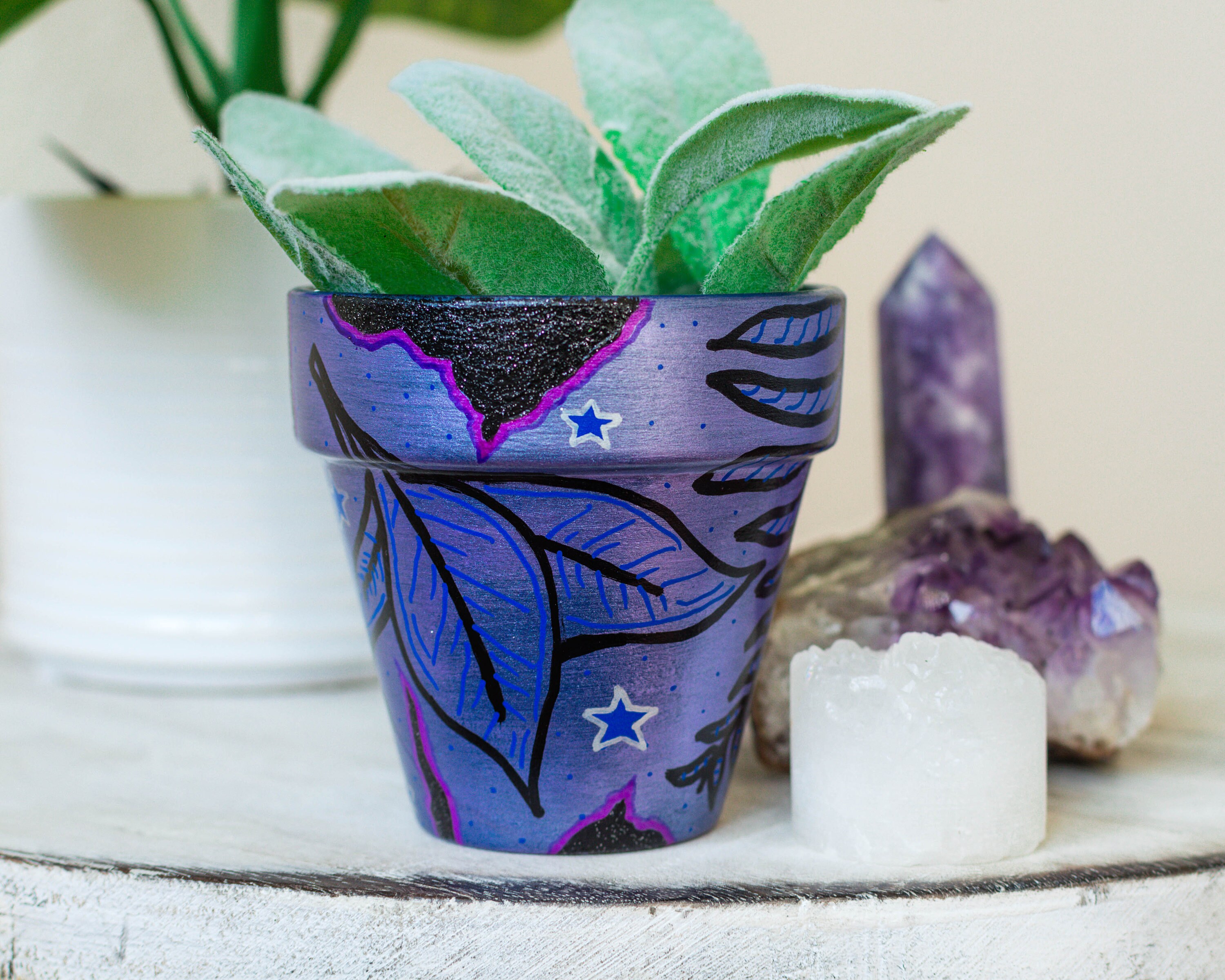 Hand Painted Purple Leaf Geode Pot Terracotta Pot Glitter Etsy