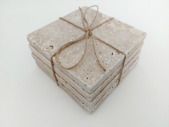Rustic Tumbled Natural Stone Coasters -Set of 4: Beige & Light Brown Decorative Coasters, Gift.