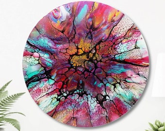 Circular Fluid Art, Acrylic Pour Painting on Canvas, Round Unique Multi-Colored Modern Design Wall Art for Bedrooms or Living Room