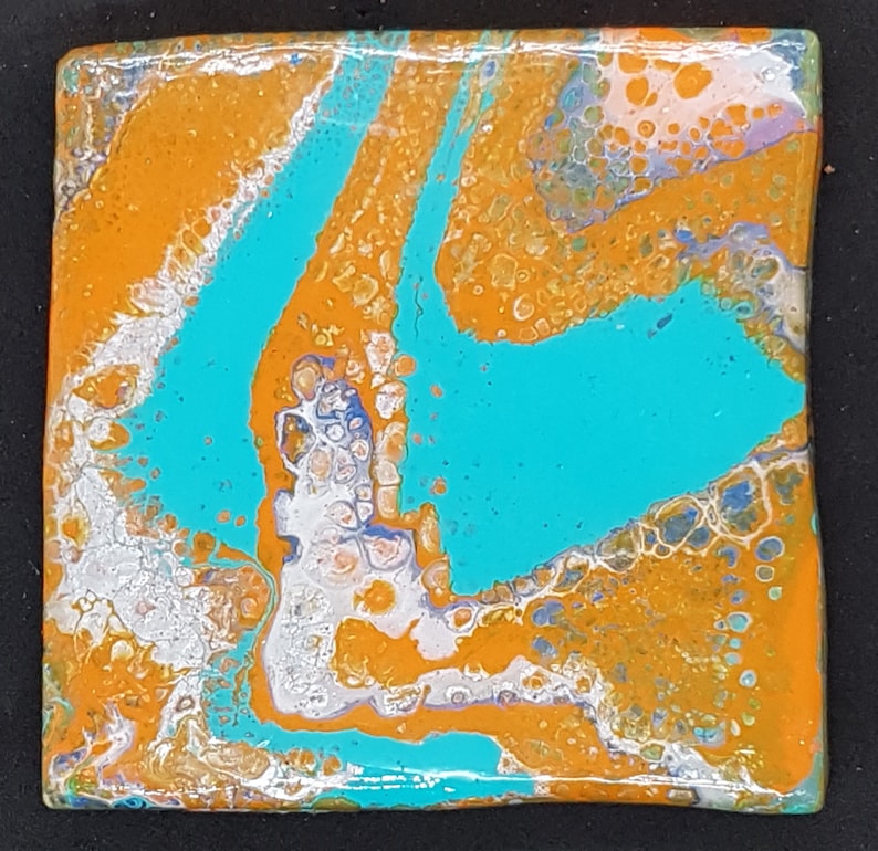 Orange Acrylic Pour Coasters Turquoise Painted Ceramic Coaster set