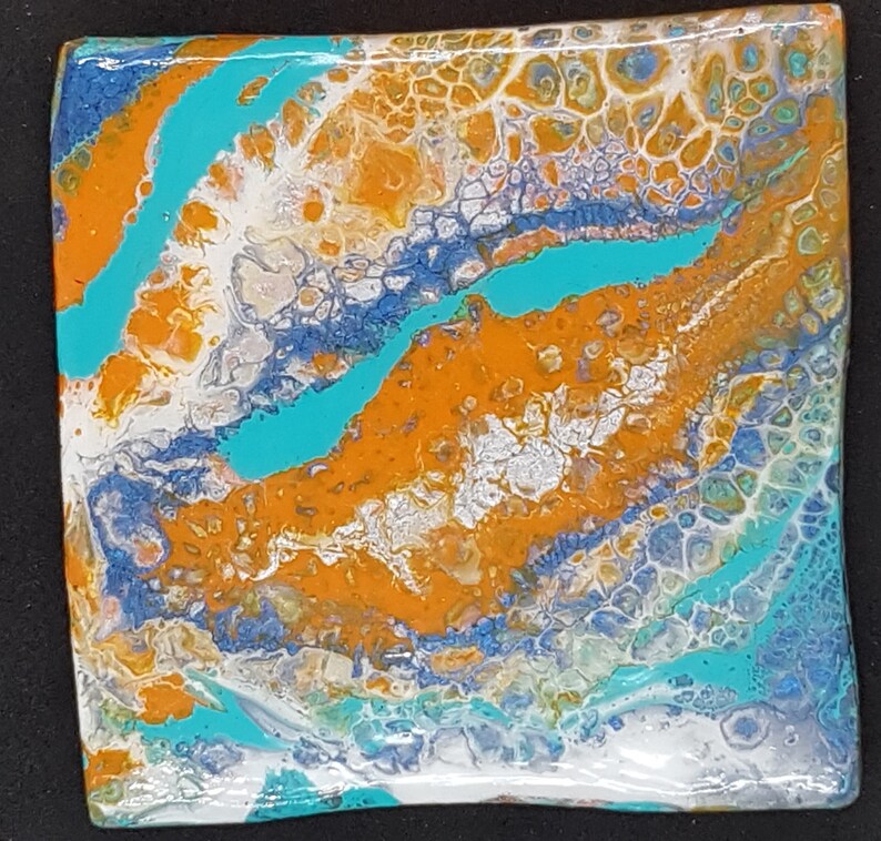 Orange Acrylic Pour Coasters Turquoise Painted Ceramic Coaster set