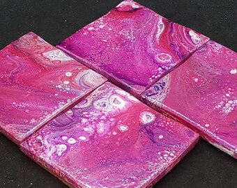 Pink and Gold Ceramic Tile Coasters Housewarming Gift Purple Bar Gift Valentines gift Painted Acrylic Pour Coasters Boho Coasters