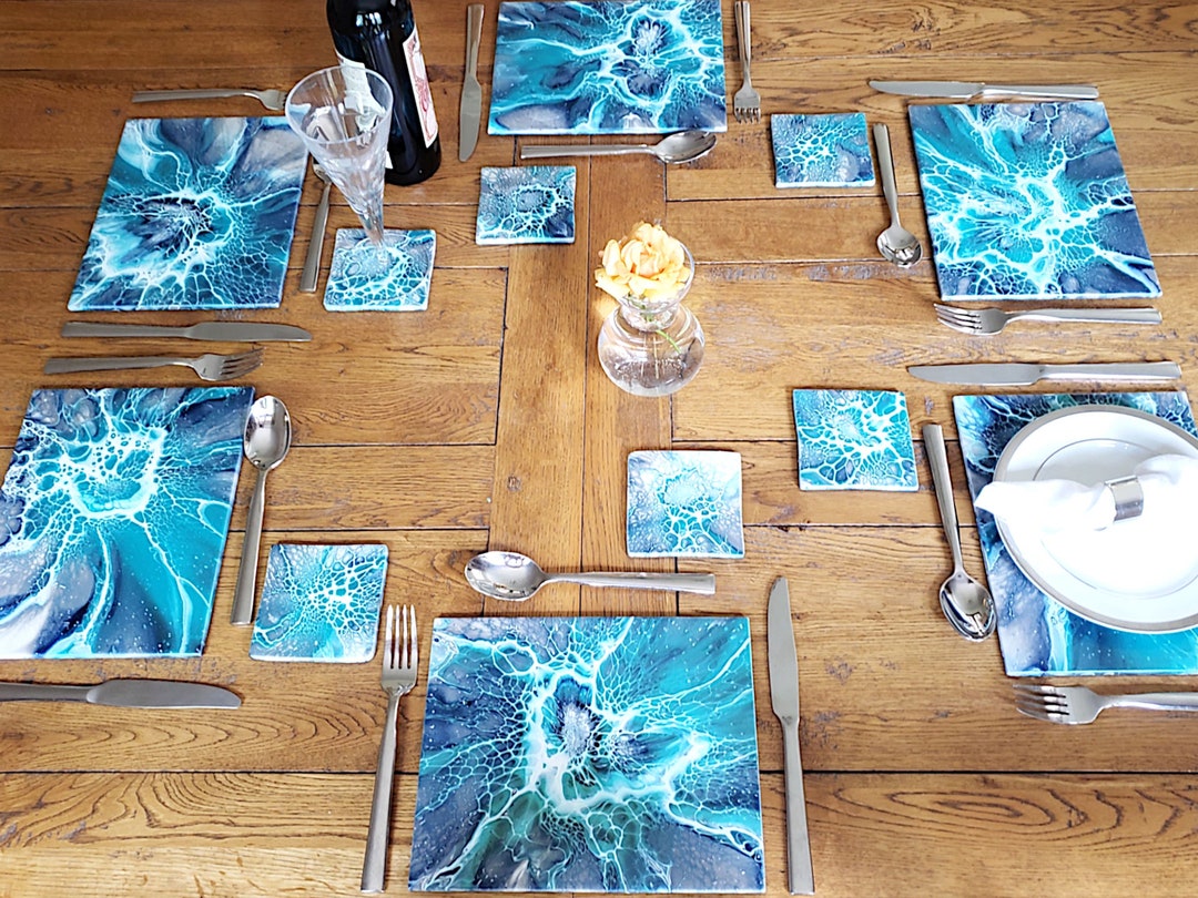 Placemat and Coaster Table Mat Set, Set of 6 Turquoise Grey Dining