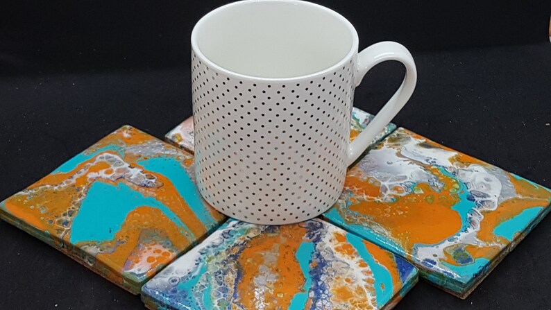Orange Acrylic Pour Coasters Turquoise Painted Ceramic Coaster set
