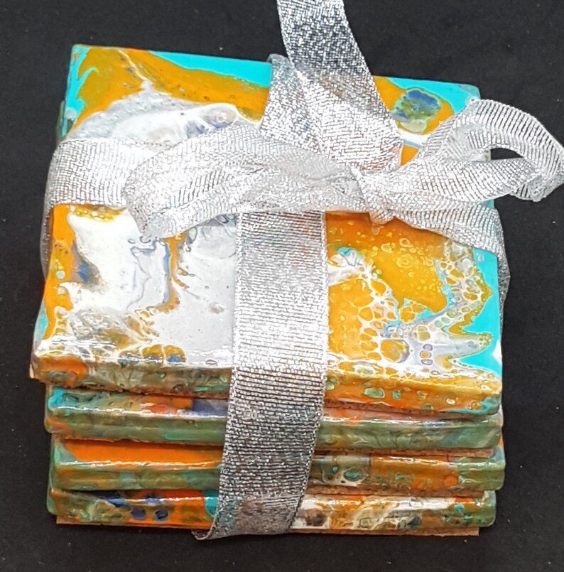 Orange Acrylic Pour Coasters Turquoise Painted Ceramic Coaster set