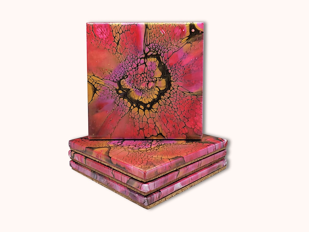 Pink Gold Coasters Set With a Fluid Art Unique Design, Ceramic Tile Art