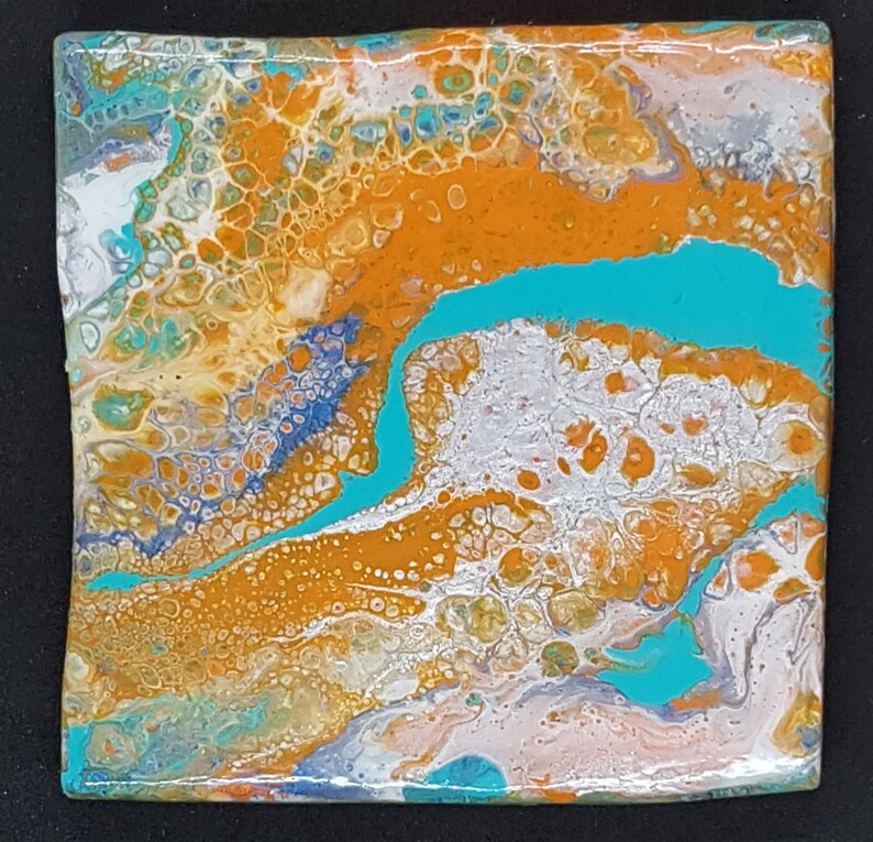 Orange Acrylic Pour Coasters Turquoise Painted Ceramic Coaster set