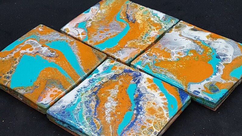 Orange Acrylic Pour Coasters Turquoise Painted Ceramic Coaster set