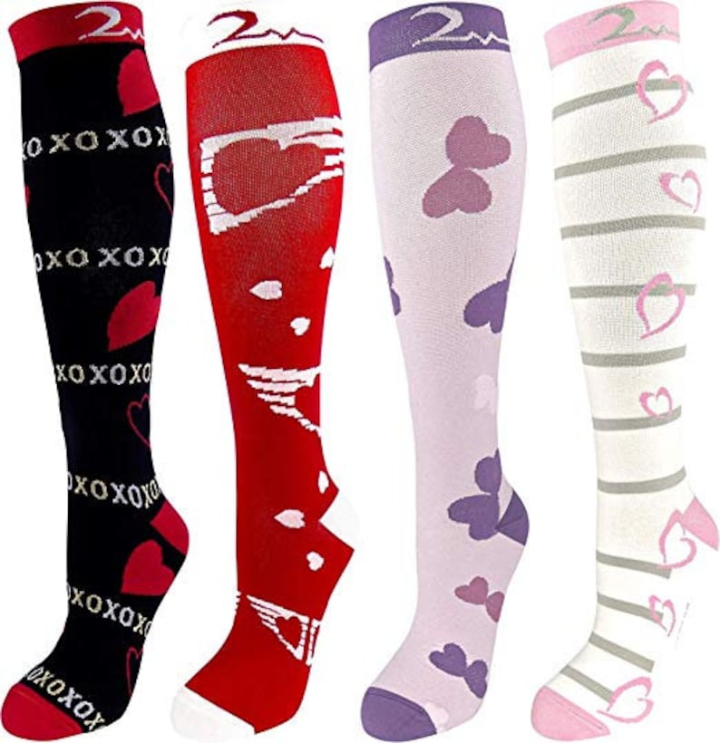 Romantic Heart Designs 4 Pair LargeX-Large Extra Soft Premium Quality Colorful Moderate Graduated Compression Socks 15-20 mmHg