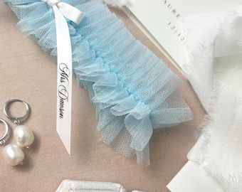 Blue Personalised Wedding Garter - Something Blue Bridal Garter, Wedding Day Garer, Something blue Bridal Gift