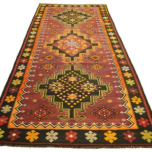 4x10 ft Turkish Kars Kilim Rug: Handmade Wool Flatweave with Daisy Border