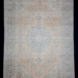 7x10 ft handwoven large oushak rug, bohemian short pile oushak rug, vintage oushak rug, decorative oushak area rug, mid-century oushak rug