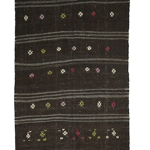 Gray Striped Dark Brown Kilim Rug,5&quot;x9,8&quot; Feet Natrural Goat Hair Woven Turkish Kilim Rug,Beautiful Striped Kilim Rug.