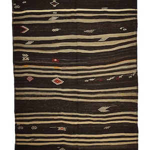 7x10 ft striped handwoven goat hair area rug, antique dark brown kilim rug, ethnic flatweave goat hair rug, natural tent cover area rug
