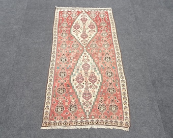 Vintage Turkish Kilim Rug: Pink Oushak Rug, Wool & Cotton 3.6x6.6 ft