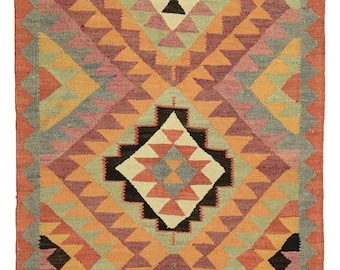 Alfombra Kilim turca vintage: alfombra de pasillo de lana natural de 90 x 33 cm
