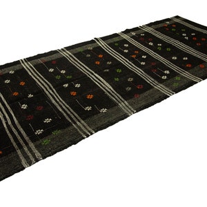 Vintage Turkish Kilim Rug: Goat Hair & Wool, Dark Brown 4.6x11.1 ft