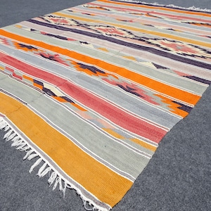 Vintage Turkish Kilim Rug: Striped Wool & Cotton, 5.9x7.2 ft