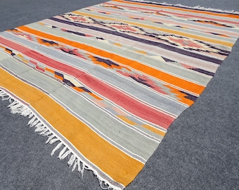 Vintage Turkish Kilim Rug: Striped Wool & Cotton, 5.9x7.2 ft