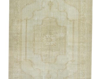 Large Vintage Oushak Rug: 6.7x9.8 ft Turkish Wool Carpet