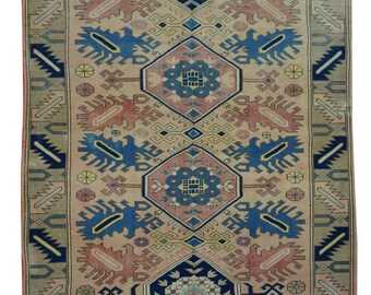 Handwoven Wool Oushak Rug 6x10 ft - Pink & Blue Turkish Decor