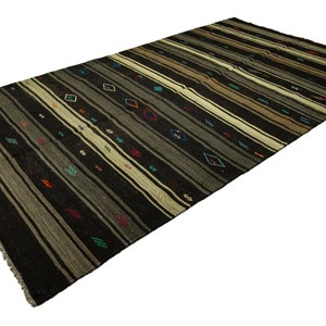 7x12 ft rustic vintage dark brown rug, striped handwoven goat hair rug, antique neutral kilim rug, organic farmhouse goat hair rug