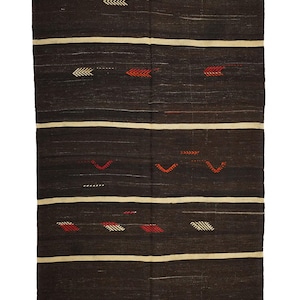 5x11 ft primitive handwoven goat hair rug, vintage embrodiery kilim area rug, dark brown organic goat hair rug, bohemian flatweave kilim rug