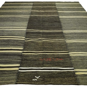 9x10 ft oversize dark brown goat hair rug, striped organic kilim rug, handwoven vintage goat hair rug, antique goat hair kilim rug