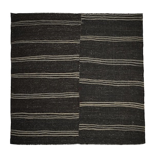 8x8 ft vintage square striped kilim rug, handwoven goat hair kilim rug, antique dark brown kilim rug, mid-century home decor kilim rug