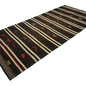 Goat Hair Rug Modern Turkish Rug Flat Weave Rug Deco Goat Hair and Wool Rug Striped With Embrodiery Rug 5,1&#39;&#39;x10,2&#39;&#39; Feet 154x310 Cm Rug