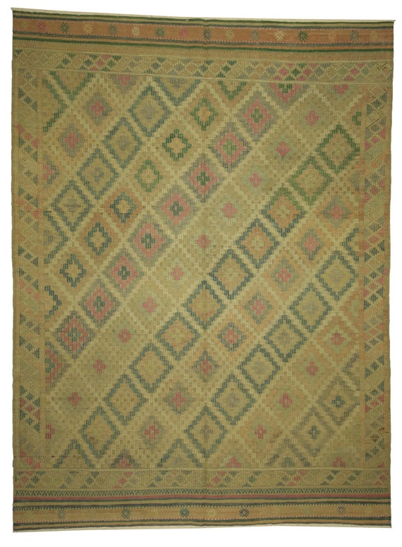 Vintage Turkish Kilim Rug: Embroidered Wool, Tribal Design 7x9 Ft