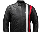 Mens Tag Heuer Black Sheepskin Biker Red And White Stripes Leather Racer Jacket Motorcycle Retro