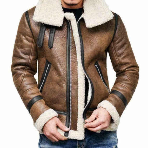 Aviator Brown Mens Leather jacket Fur Collar Sheepskin XS-5XL | Etsy