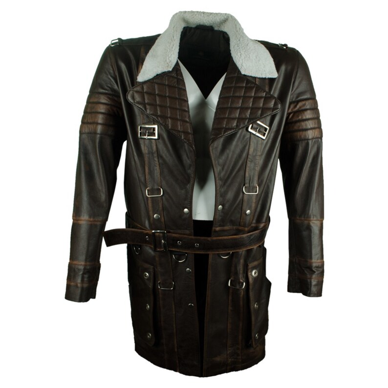 Mens Brown Coat Mid Length Quilted Design Lapel Collar Genuine Handmade Sheepskin Leather Jacket