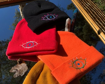 Evil Eye Beanies | Third Eye Hat | Embroidery Minimalist Art | Cute Pink Orange Yellow Black Hats Handmade Upcycled Clothing