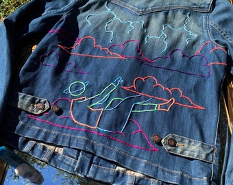Neon Patch Work Upcycle Denim Jacket | Embroidery Minimalist Art | Lightning Clouds Jean Handmade Upcycled Clothing