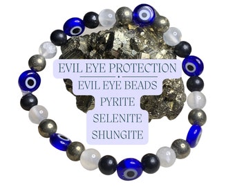 Evil Eye Triple Protection Crystal Bead Bracelet, Block Negativity Handmade Gemstone Jewelry, Crystal Healing Beaded Bracelet, Purifying