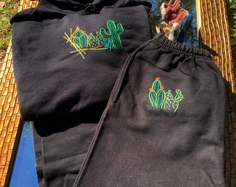 CLEARANCE Desert Plants Cacti Succulent Hoodie & Sweatpants Set, Cactus, Succulents Leaves Hand Embroidered Shirt Matching Sweatpants Hoodie