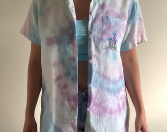 Upcycled Pastel Tie Dye Short Sleeve Button Up Shirt, Reworked Handstitched Linen Mens Womens Top, Embroidery Mushrooms Rave Unisex Shirt