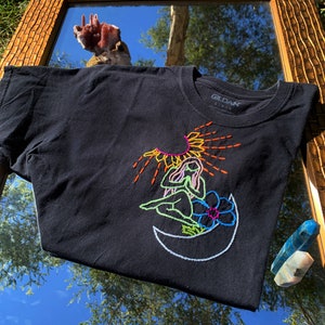 CLEARANCE Sunflower Moon Meditation Upcycled Black Tshirt, Hand-Embroidered Tee, Embroidery Flower Comfy Yoga Shirt, Handmade Stitched Shirt