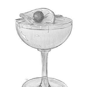 以下が含まれることがあります： クーペグラスに入ったカクテルの手描きイラスト。カクテルはチェリーとオレンジのスライスで飾られています。