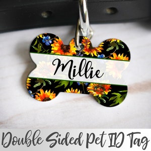 Sunflower Dog Tag, Cute ID Tag, Dog ID Tag for Dog, Bone Shaped Dog Tag, Cat ID tag, Dog Name Tag, Personalized Pet Tag, Yellow Dog Tag