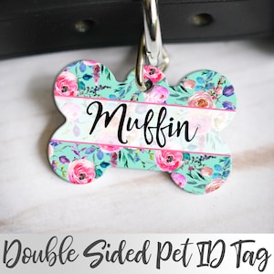 Etiqueta para mascota con flores rosas, etiqueta de identificación personalizada para mascota, etiqueta para gato, etiqueta con nombre para perrita, etiqueta de identificación personalizada, etiqueta para mascota personalizada, etiqueta bonita para mascota, etiqueta bonita para perro