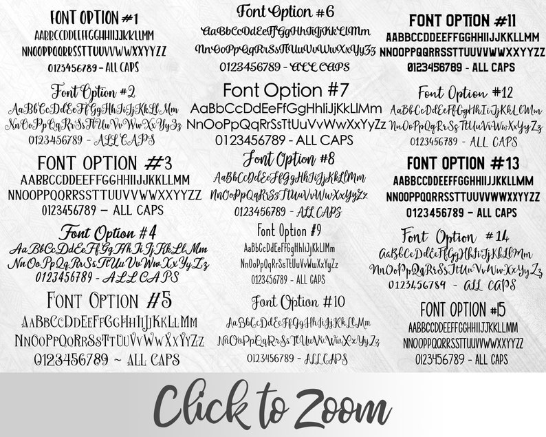 May include: A white background with 15 different font options displayed in black. Each font option is numbered 1 through 15 and includes the text "ALL CAPS" or "ALL CAPS" in smaller font size. The text "Click to Zoom" is displayed in black at the bottom of the image.