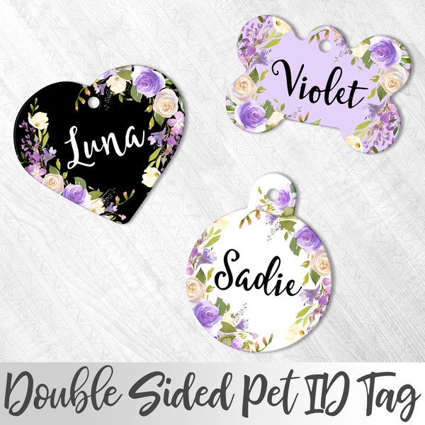 Purple Dog Tag, Custom Dog Tag, Floral Dog Tag, Floral Pet Tag Purple, Cute Dog Tag, Dog Name Tag Personalize, Girl Dog Tag, Cat ID Tag, Pet