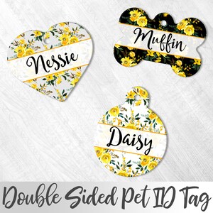 Floral Pet Tag, Yellow Flowers Dog Tag, Personalized Pet ID tag, Cute peT tag, Dog Name Tag, Custom Dog Tag, Double Sided Pet Tag, Bone Tag