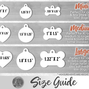 May include: Size guide for pet ID tags, showing different shapes and sizes with measurements in inches. The sizes include mini, medium, and large. The guide also includes a US quarter for size reference.