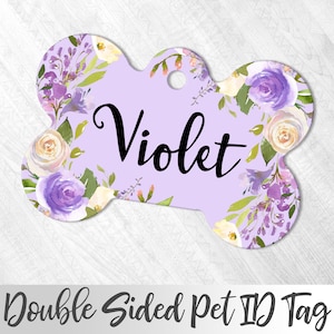 Purple Floral Dog Tag, Custom Pet Tag, Floral Pet Tag Purple, Cute Dog Tag, Double Sided Dog Tag for Dog, Girl Dog Tag, Pretty Dog Tag,